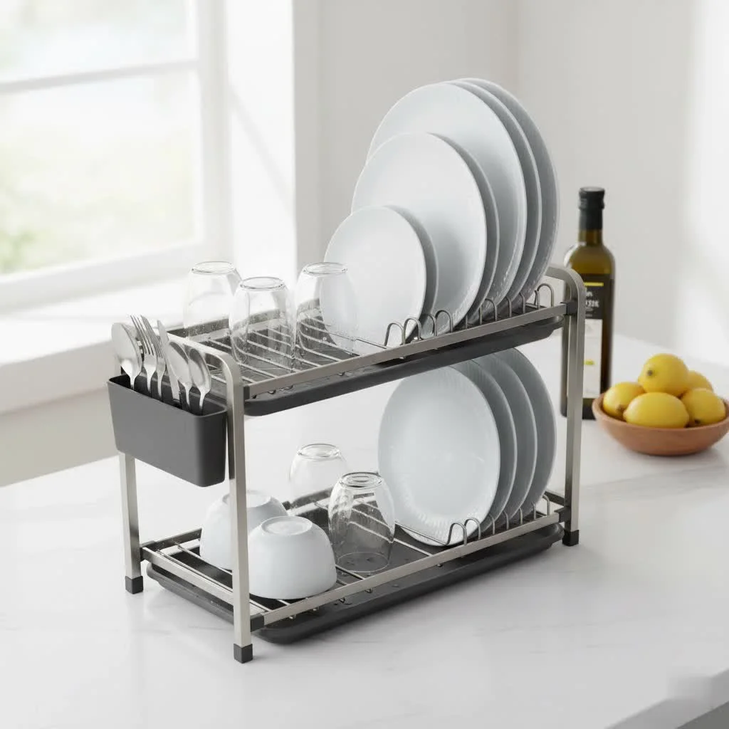 Modern kitchen with a sleek metal dish drying rack