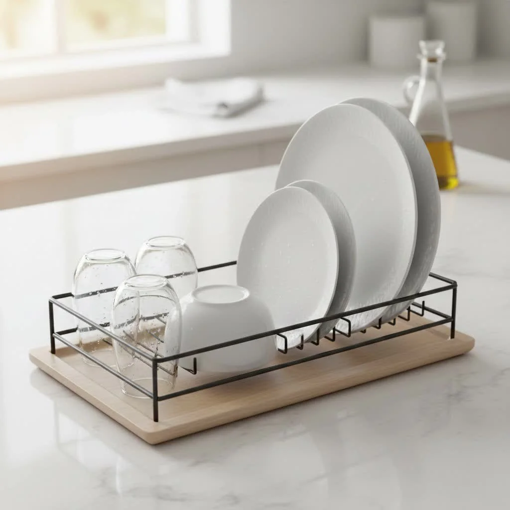Dish rack with various dishes drying