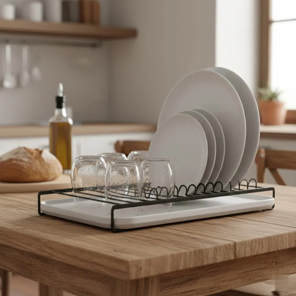 Over-the-sink dish drainer rack in a modern kitchen