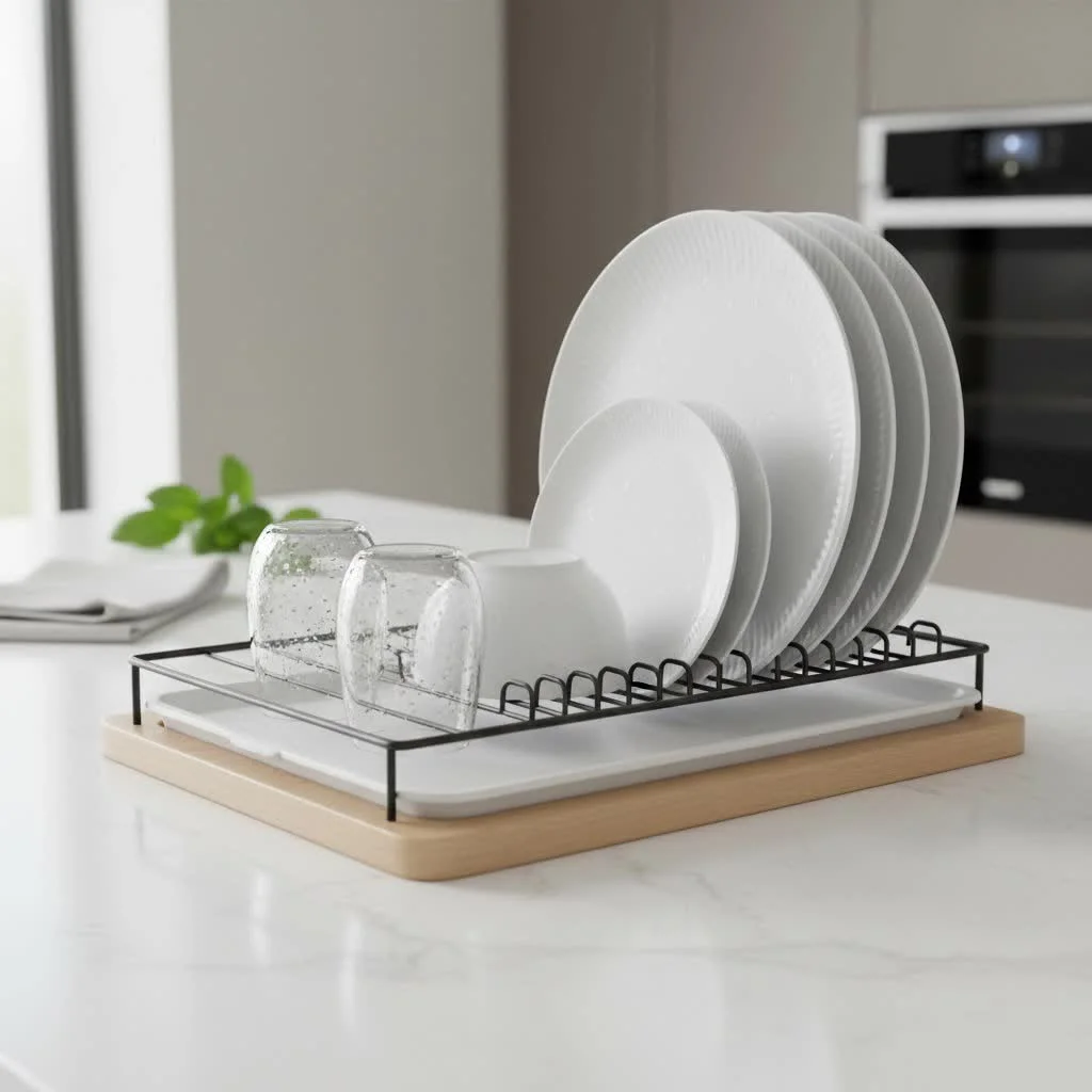 Stainless steel dish rack with various dishes