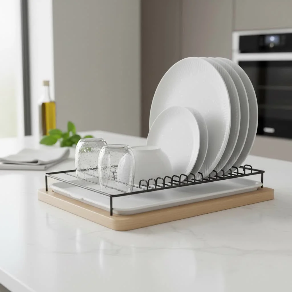 Extra large dish drying rack with various dishes