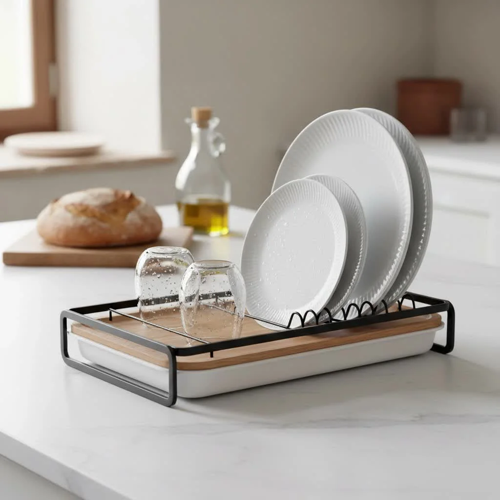 Countertop dish drying rack with various dishes