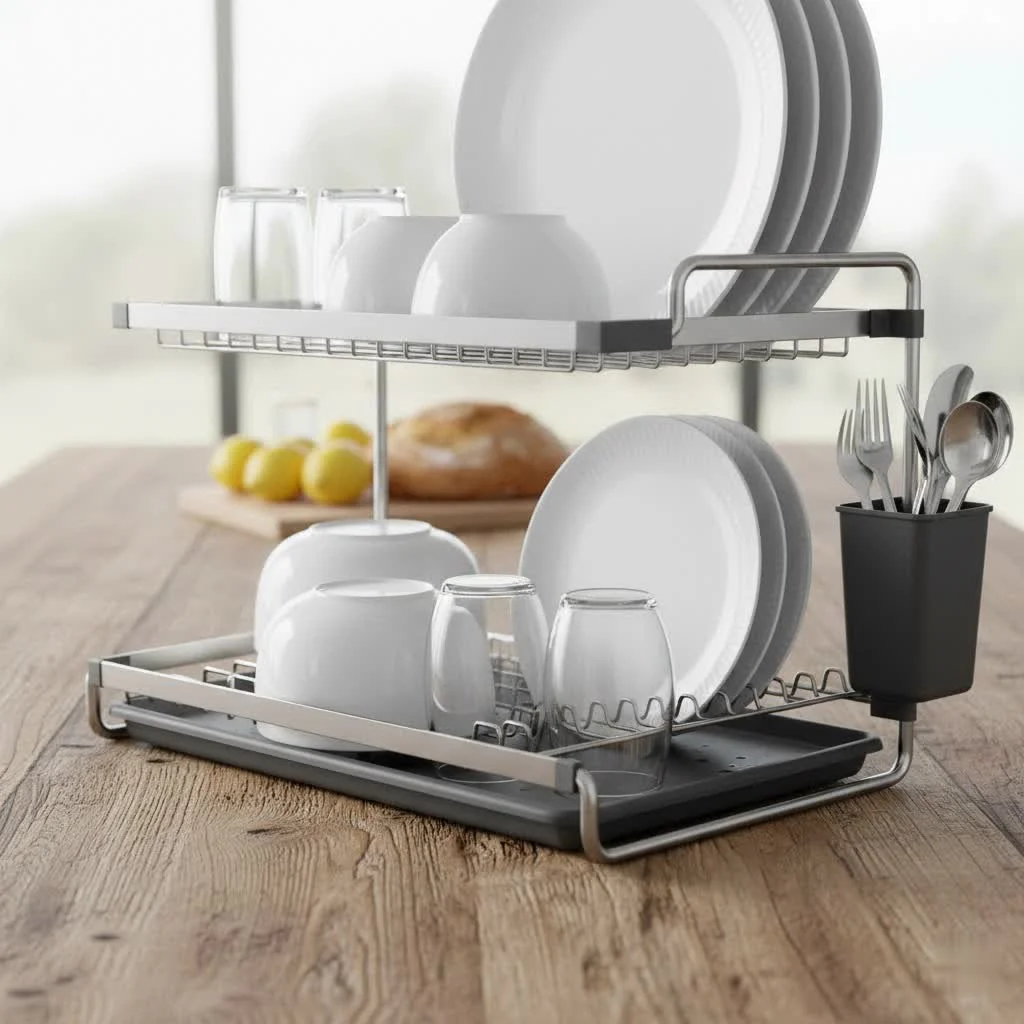 Assorted clean dishes drying on a two-tier wire dish rack