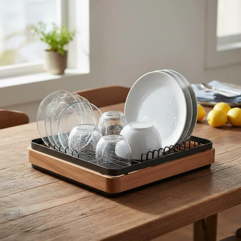 Modern kitchen with a sleek, black countertop dish drying rack holding plates and glasses