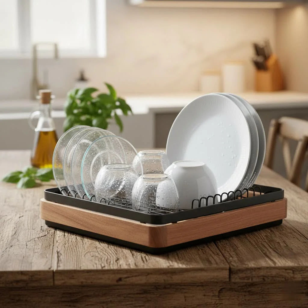 Over-the-sink dish rack with dishes