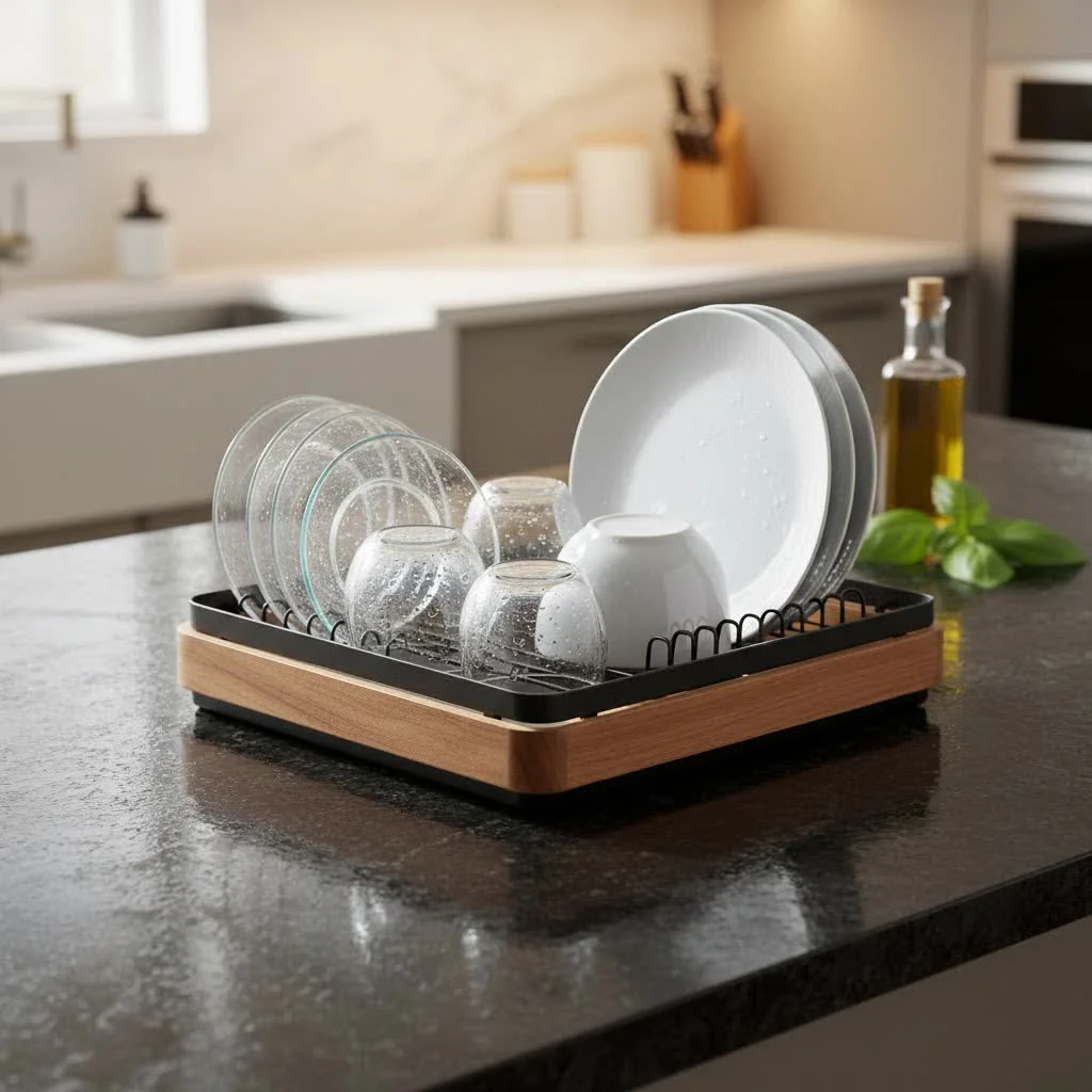 KitchenAid dish rack with various dishes drying