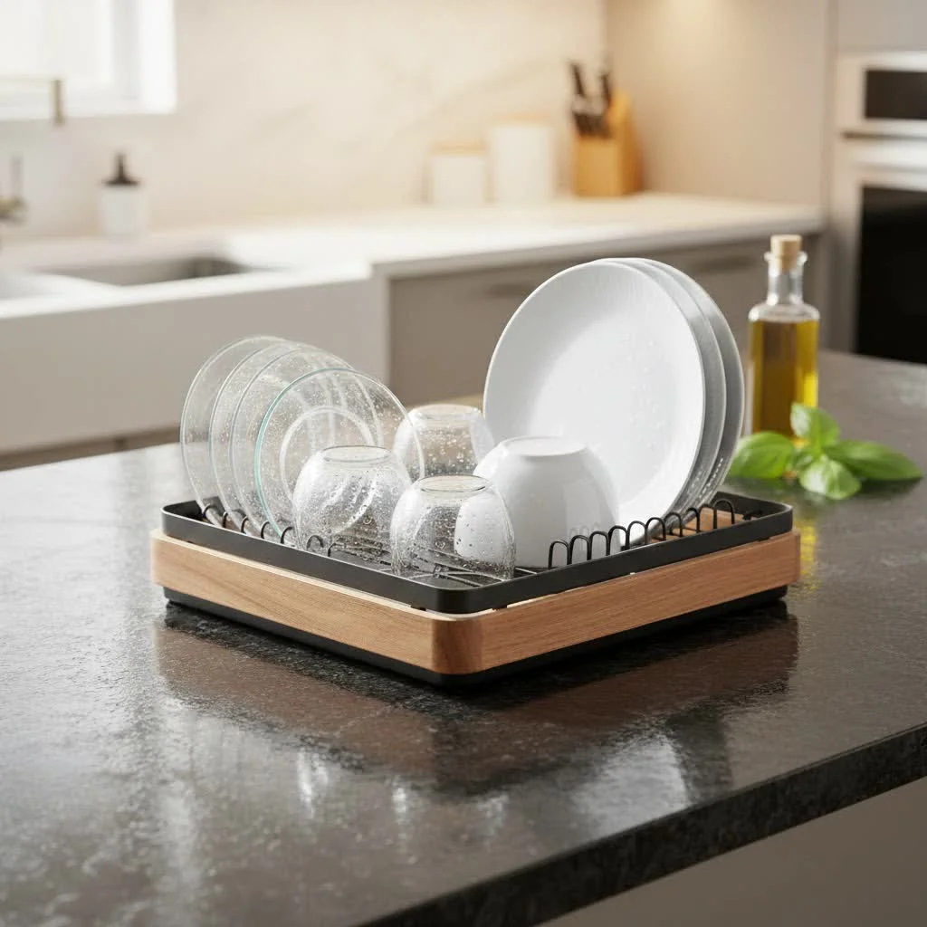Stainless steel dish drainer rack with dishes