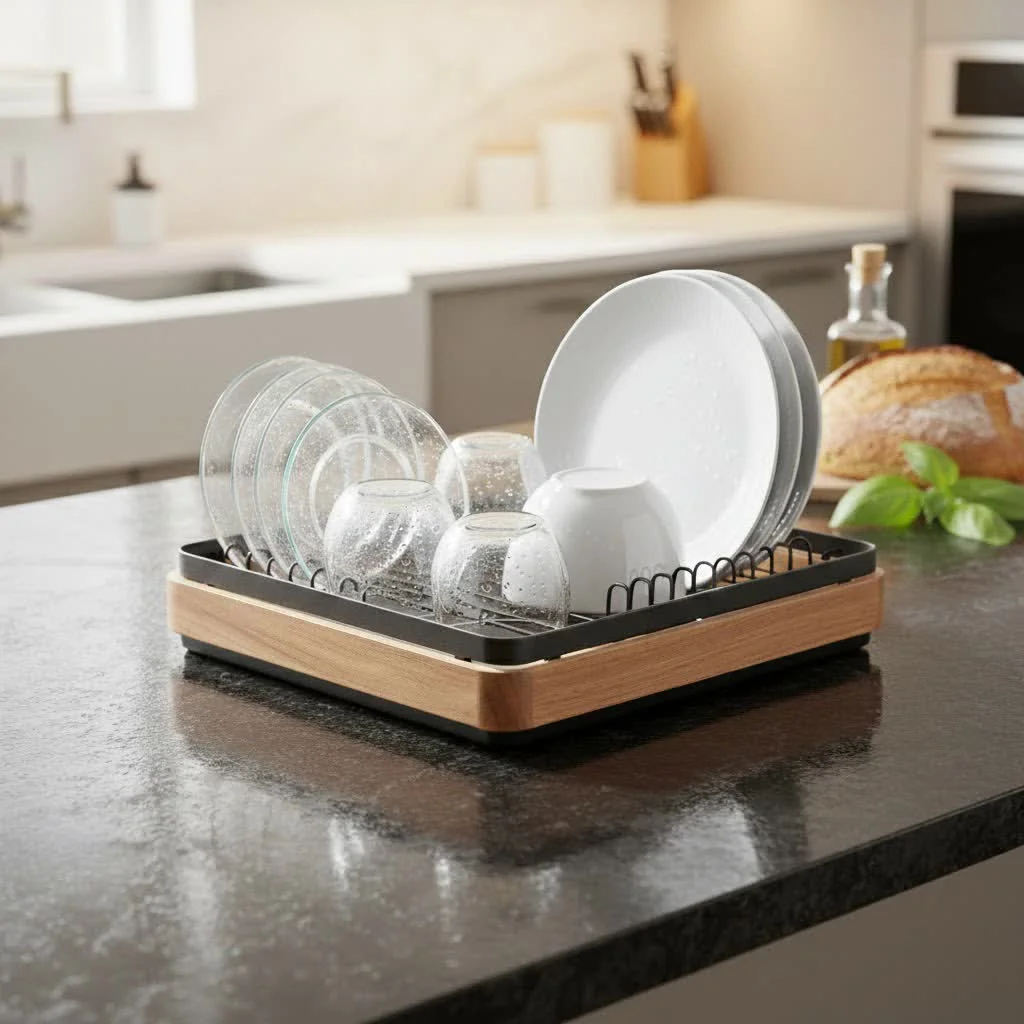 Large dish rack with various dishes drying